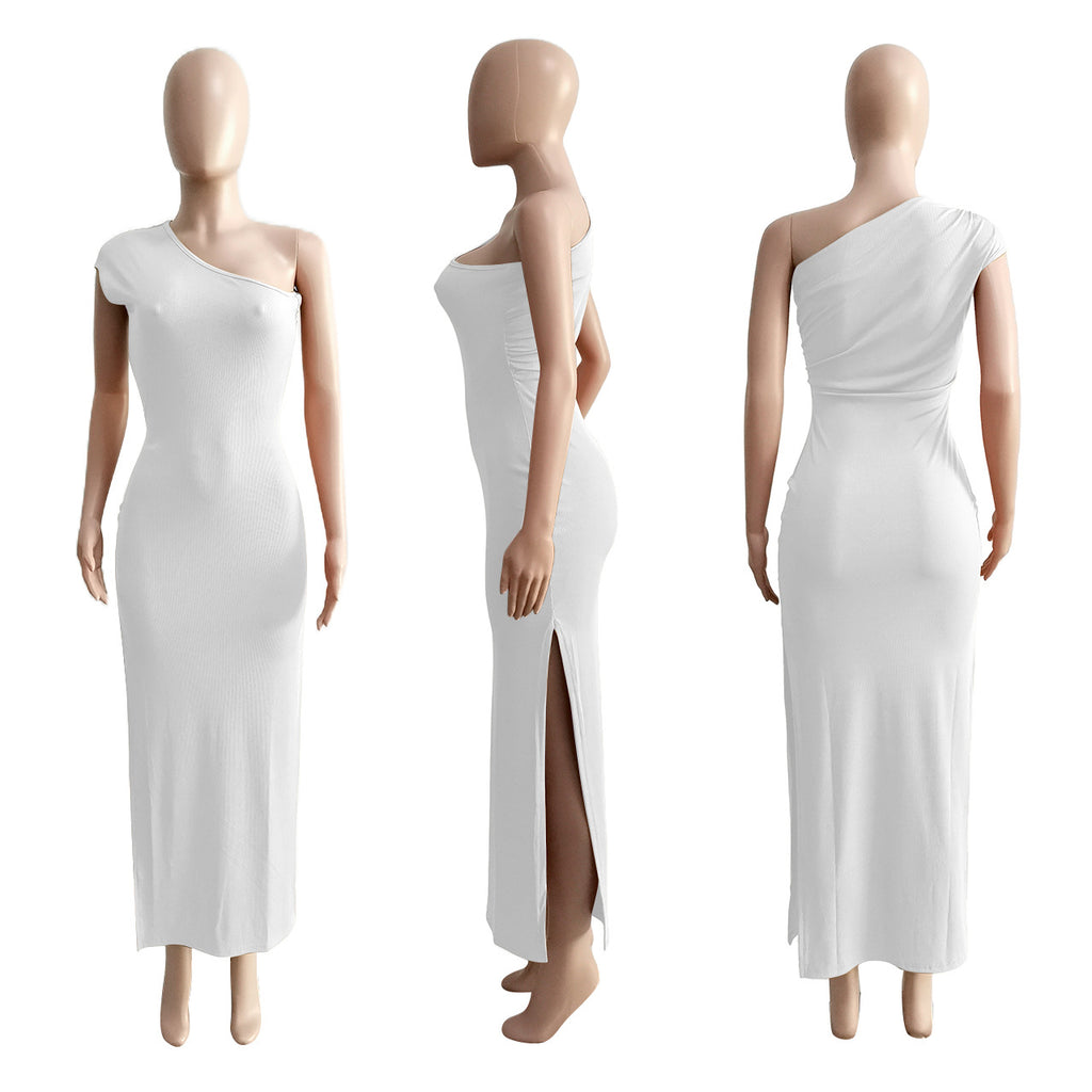 Sexy Solid Ribbed One Shoulder Split Maxi Dress