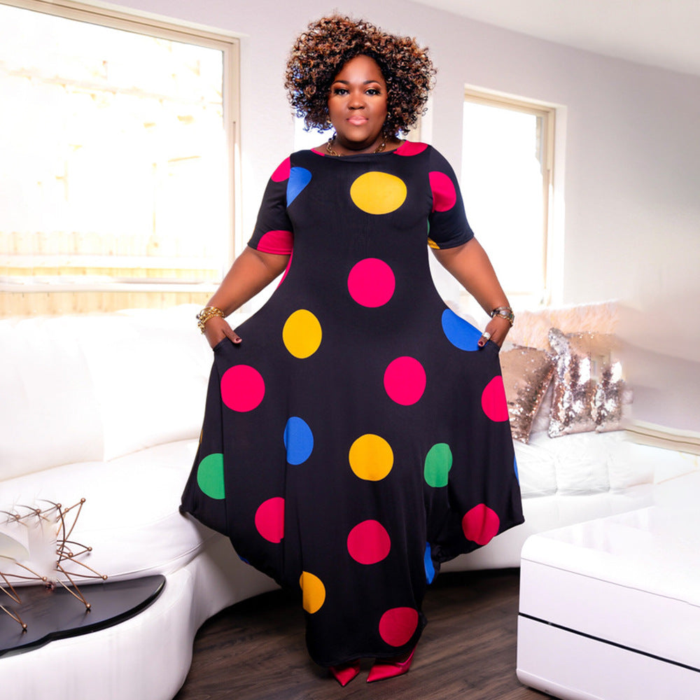 Sexy Plus Size Dot Print Short Sleeve Loose Maxi Dress
