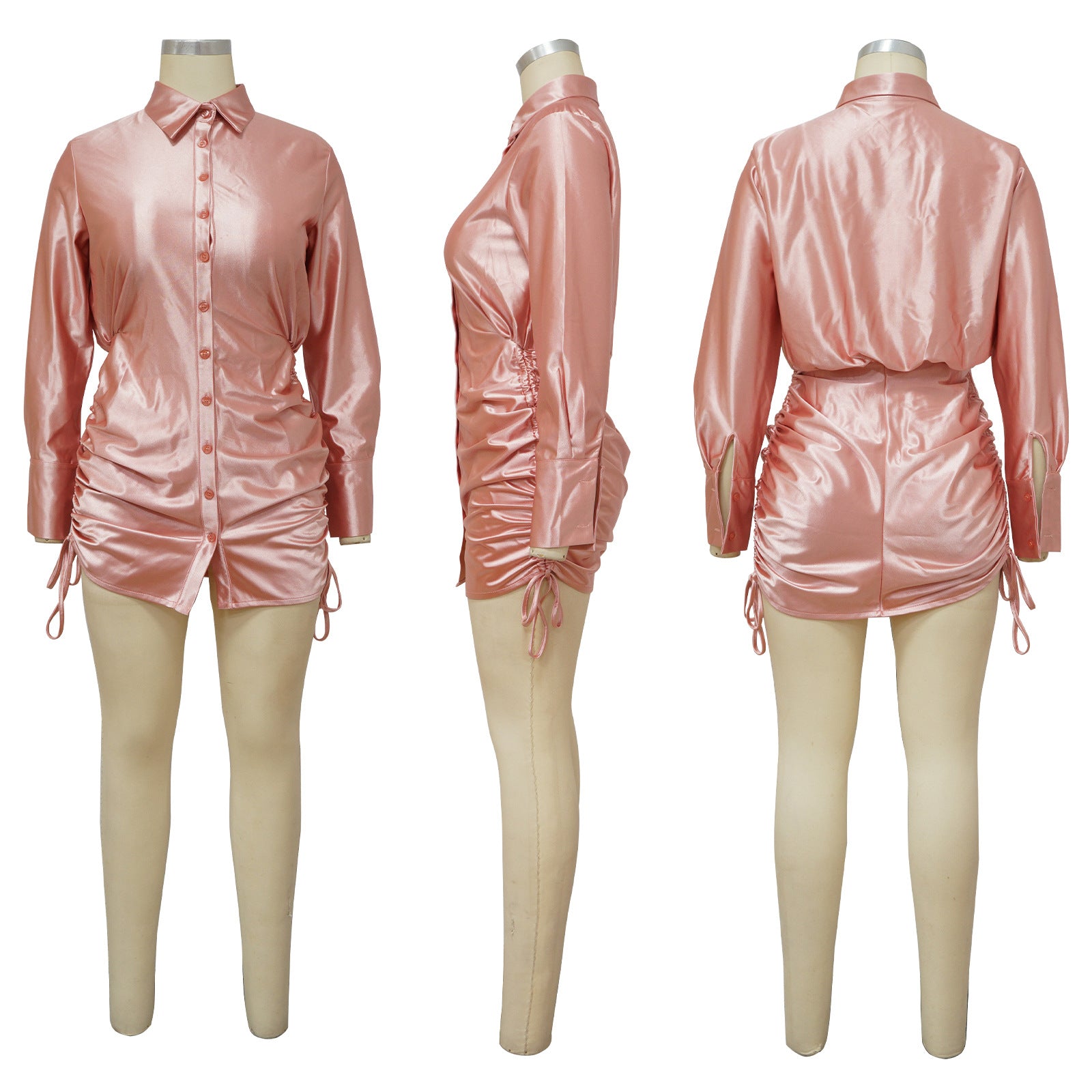 Sexy Solid Long Sleeve Drawstring Pleated Lapel Mini Dress