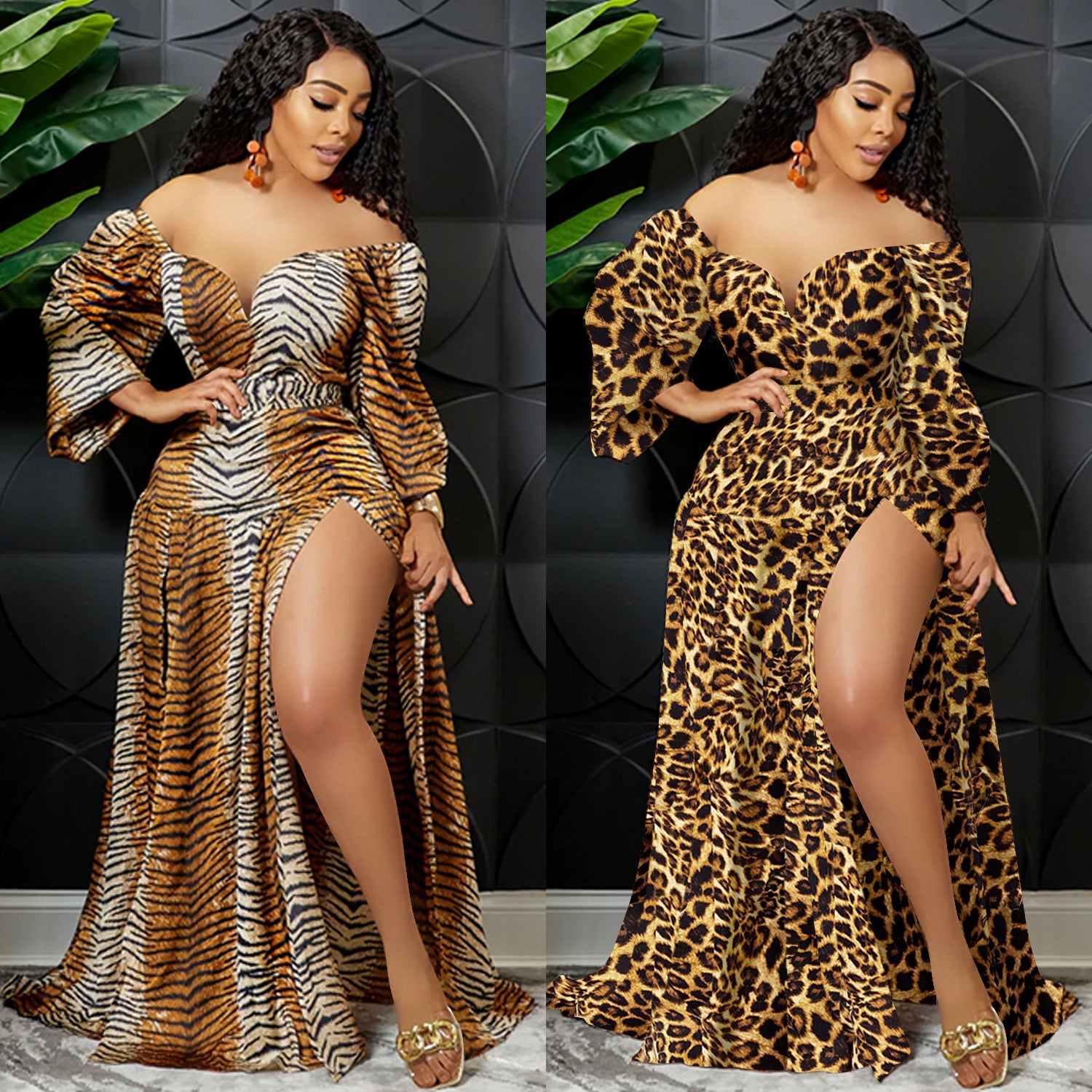Sexy Sexy Printed V Neck Long Sleeve Split Sashes Maxi Dress