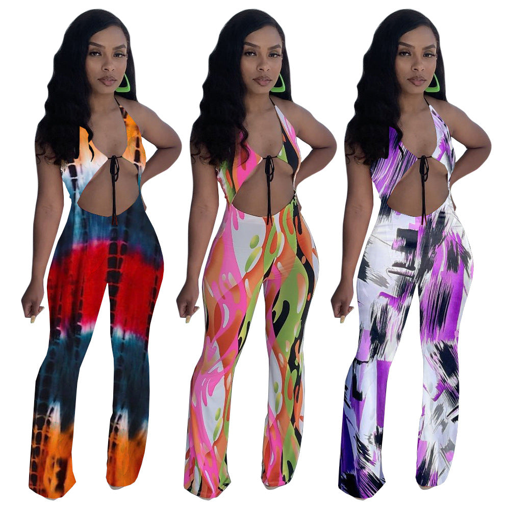 Sexy Sexy Printed Halter Backless Jumpsuit
