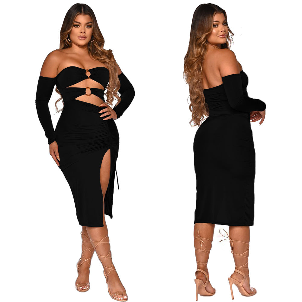 Sexy Solid Color Wrinkled Long Sleeve Off Shoulder Midi Dress