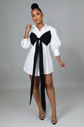 Sexy Contrast Colot Bow-Tie Long Sleeve Shirt Dress