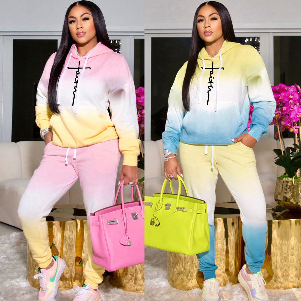 Sexy Gradient Casual Hooded Sweatshirt Two Piece Set
