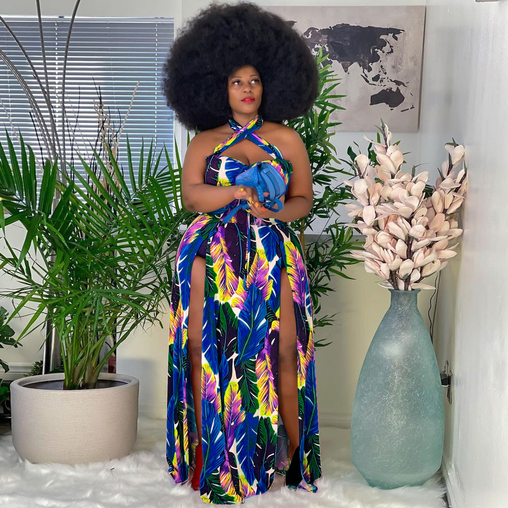 Sexy Plus Size 5XL Sexy Cross Halter Slit Maxi Dress