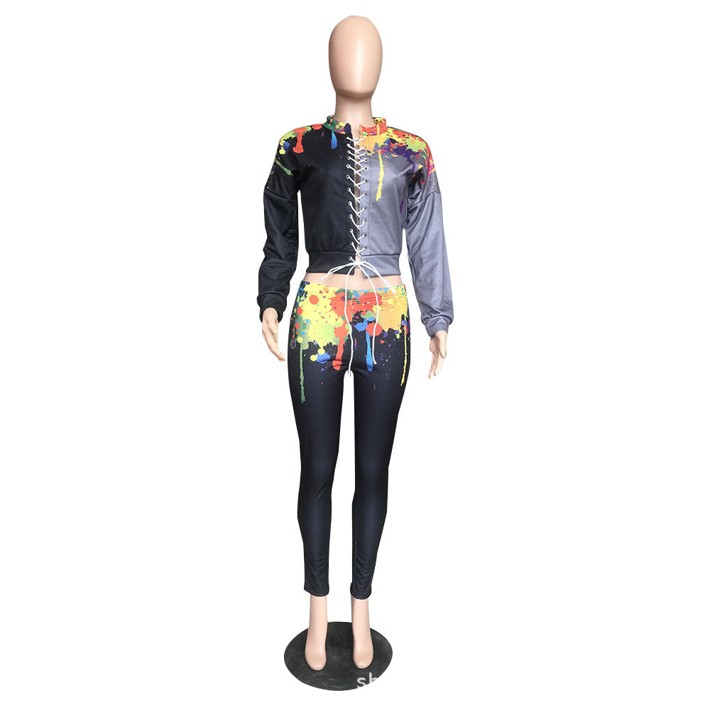 Sexy Splash Ink Print Lace Up Top Pants Two Piece Set