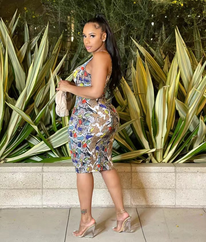 Sexy Plus Size Snake Skin Print Sleeveless Midi Dress