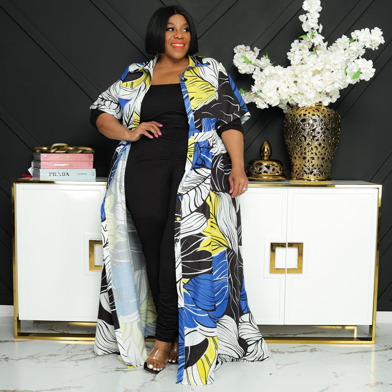 Sexy Plus Size Printed Short Sleeve Belted Maxi Dress
