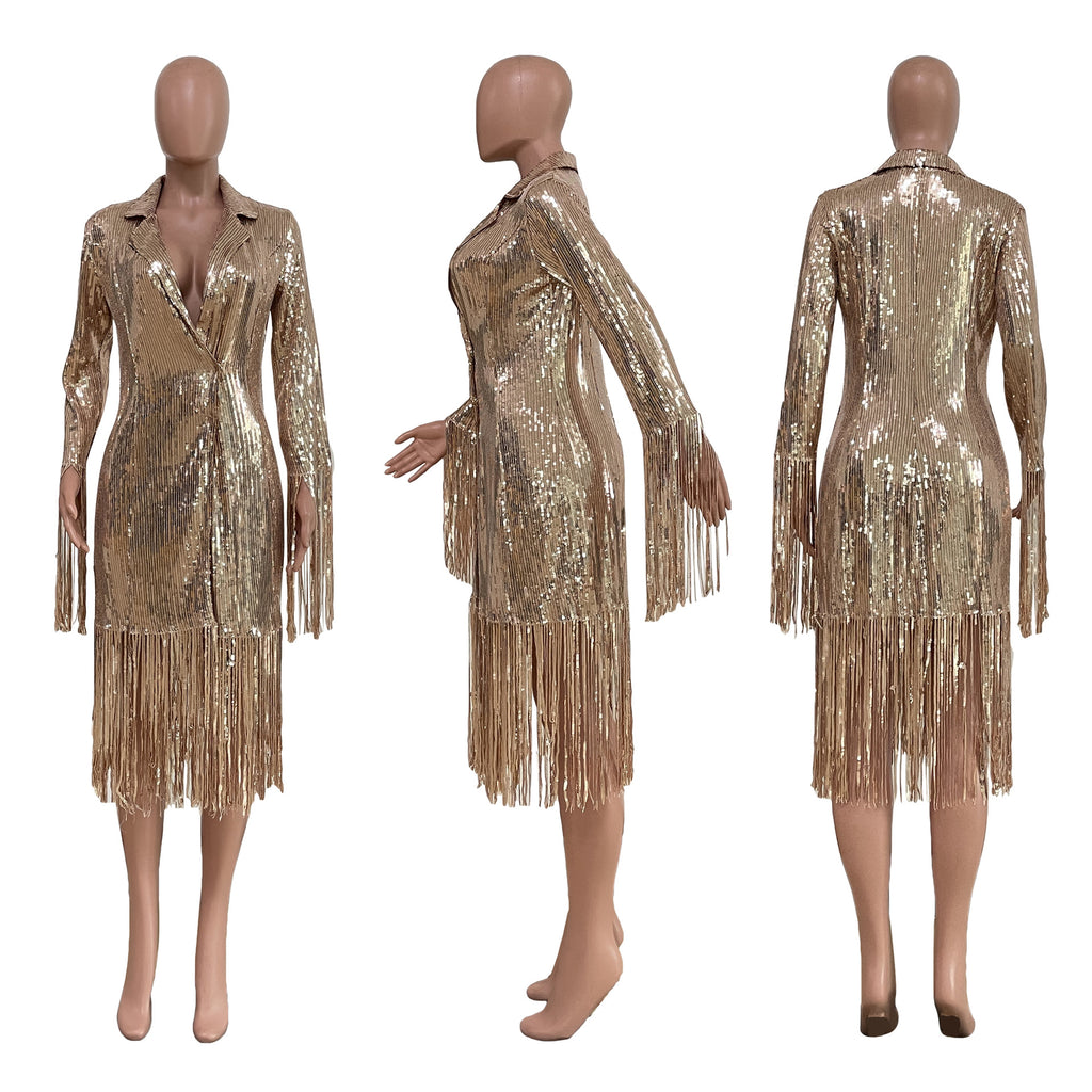 Sexy Shiny Sequins Tassel Long Sleeve Midi Dress