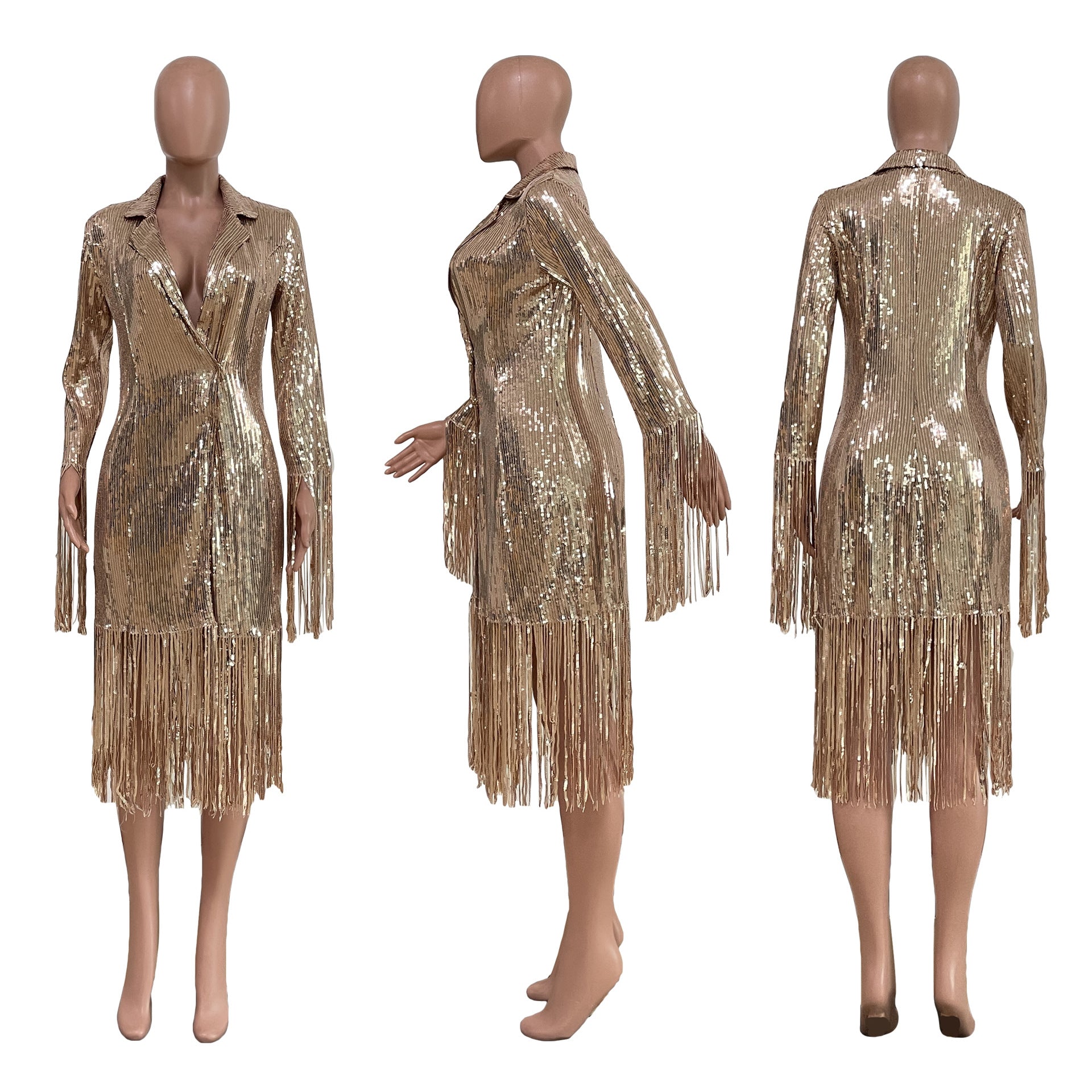 Sexy Shiny Sequins Tassel Long Sleeve Midi Dress