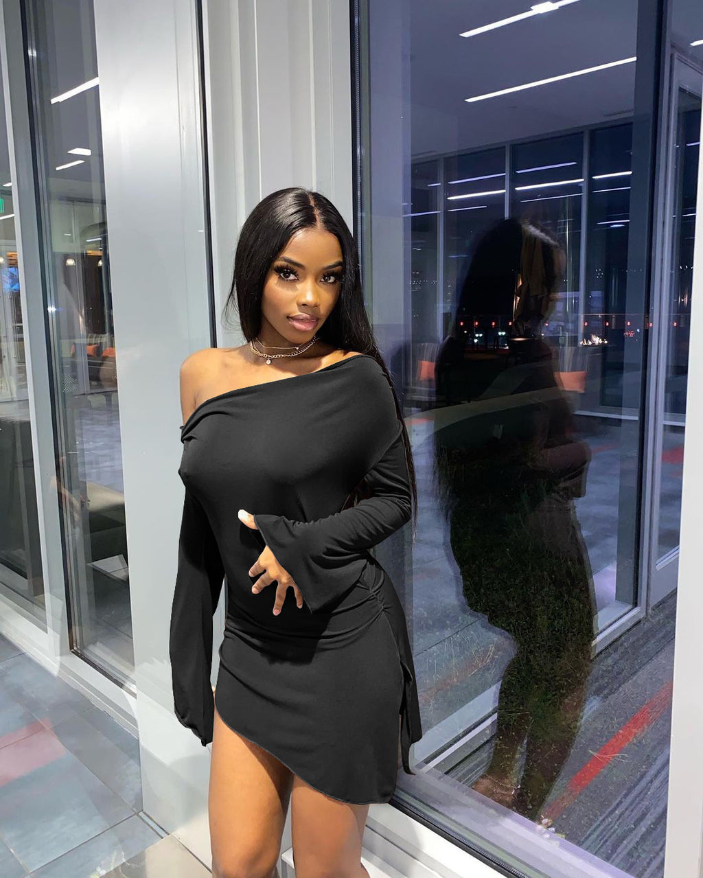 Sexy Solid Slash Neck Long Sleeve Mini Dress