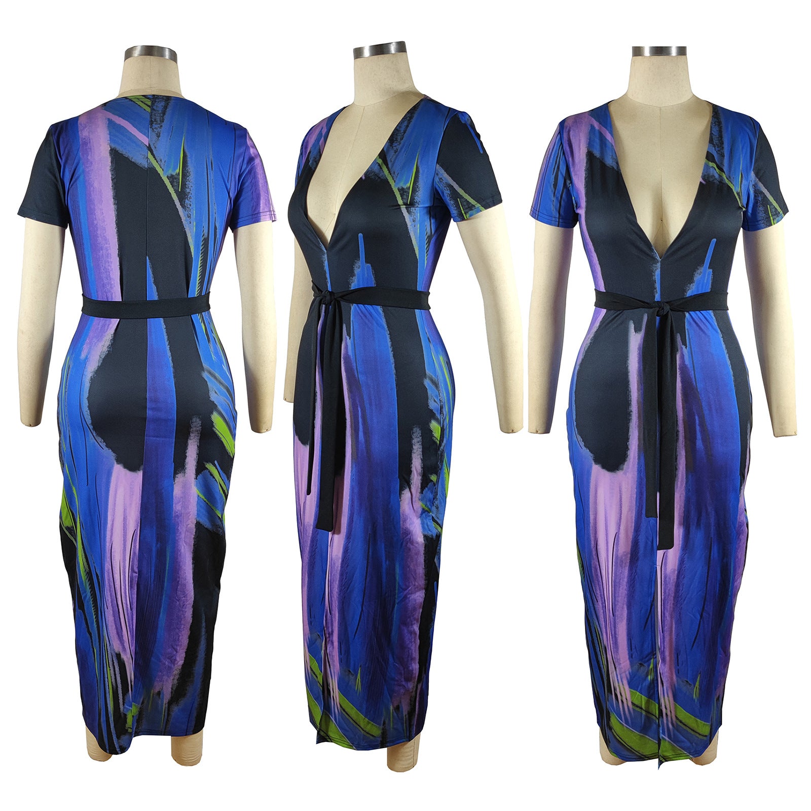 Sexy Sexy Printed V Neck Short Sleeve Sashes Maxi Dress