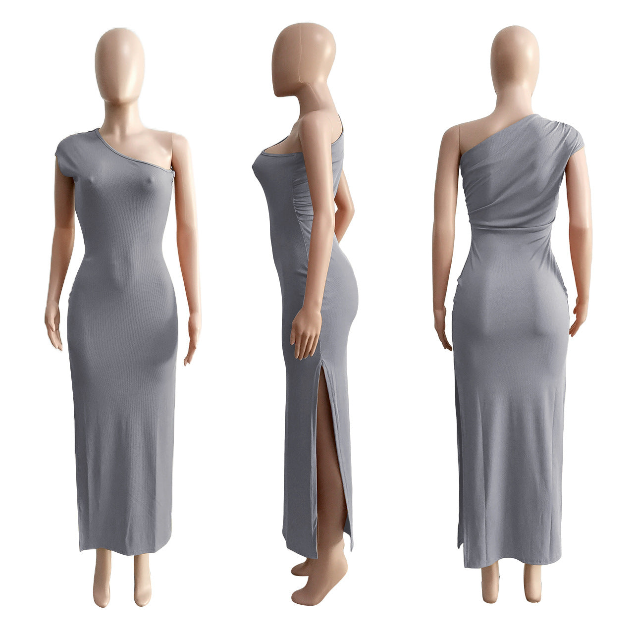 Sexy Solid Ribbed One Shoulder Split Maxi Dress