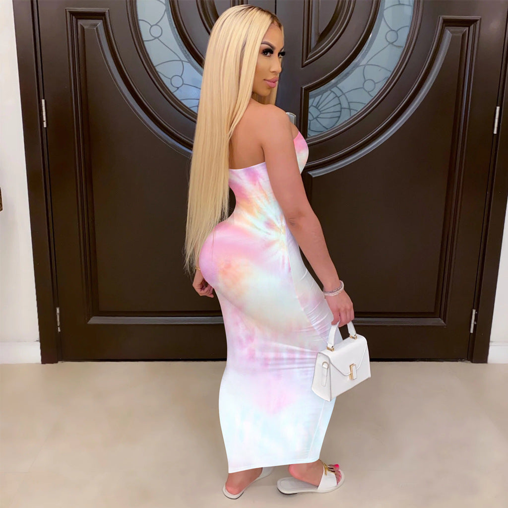 Sexy Tie Dye Print Strapless Off Shoulder Maxi Dress