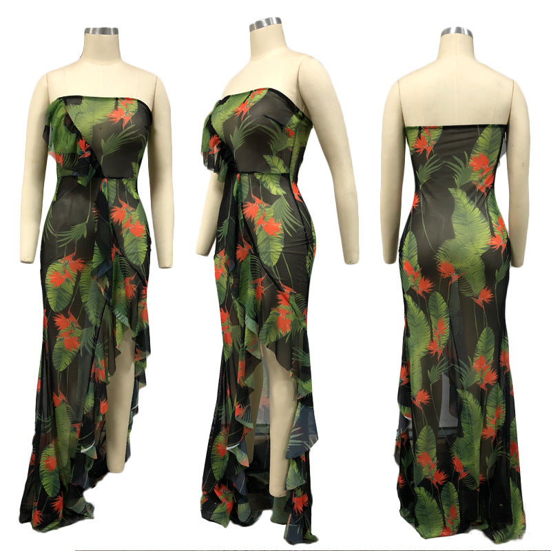 Sexy Tube Top Ruffle Sexy Print Beach Maxi Dress