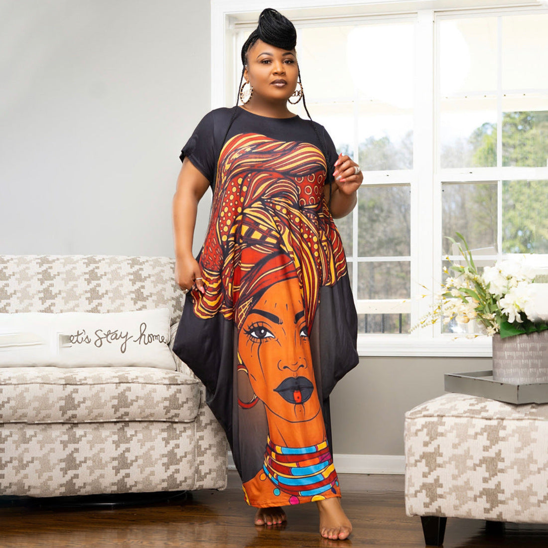 Sexy Plus Size Printed Short Sleeve Loose Maxi Dress
