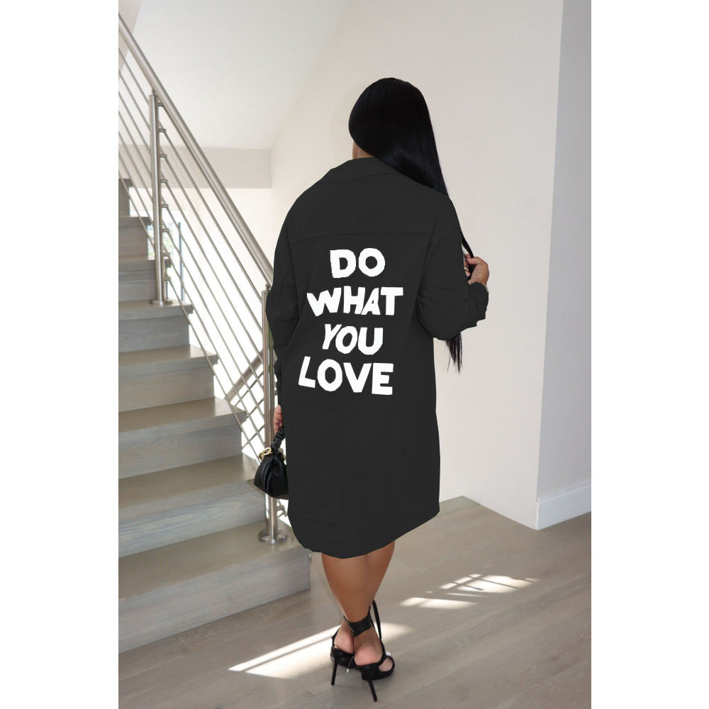 Sexy Letter Print Long Sleeve Loose Shirt Dress