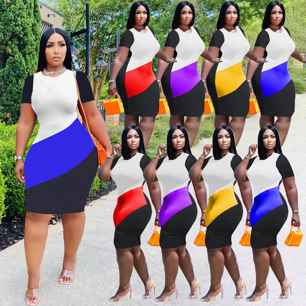 Sexy Plus Size Contrast Color Short Sleeve Bodycon Dress