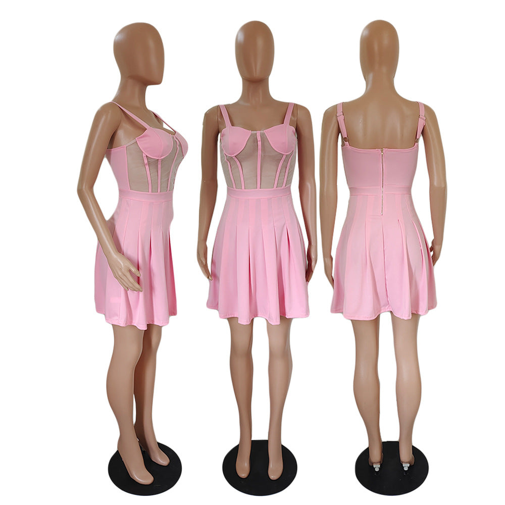 Sexy Sexy Mesh Patchwork Pleated Sling Mini Dress