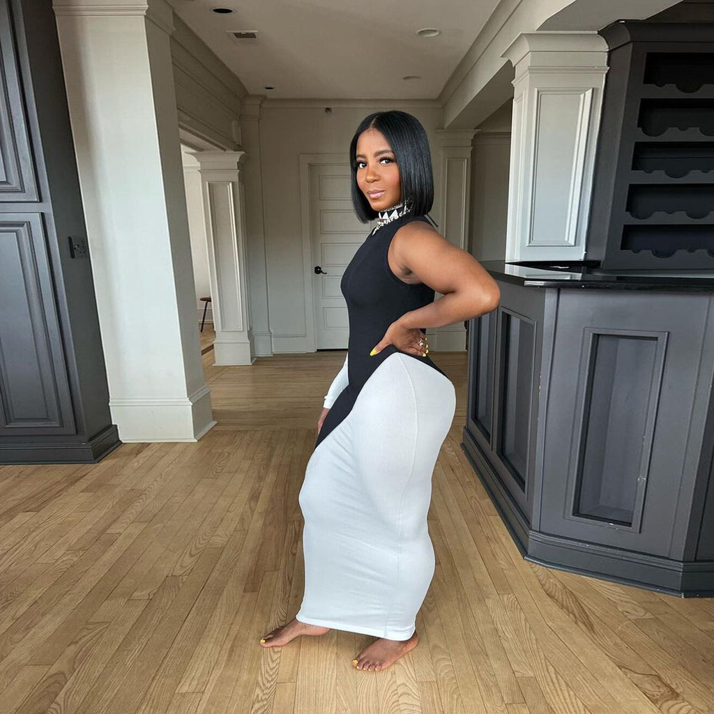 Sexy Contrast Color Patchwork One Shoulder Maxi Dress