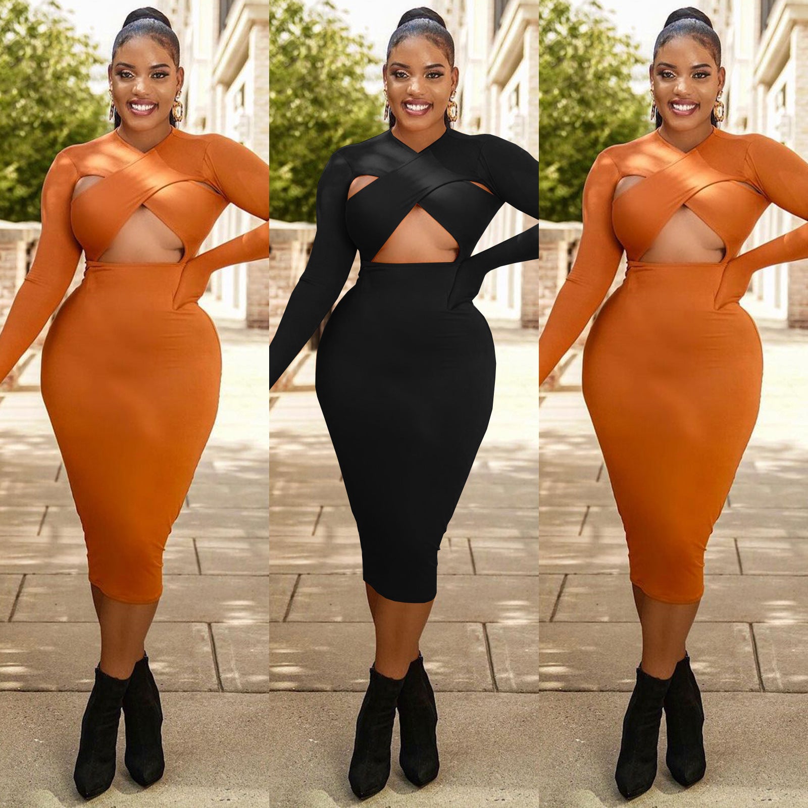 Sexy Fashion Long Sleeve Hollow Solid Color Dress