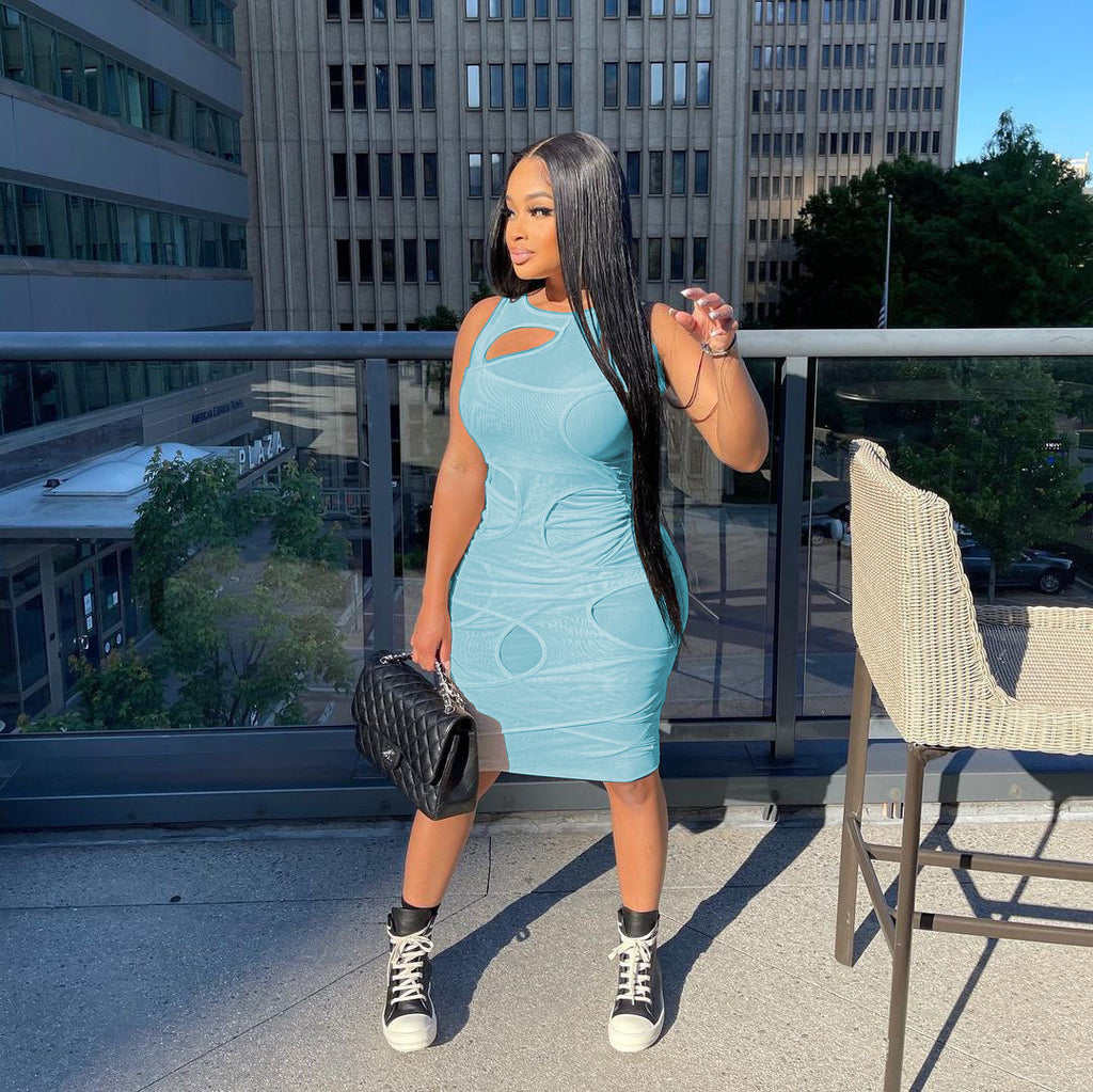 Sexy Plus Size Solid Mesh Sleeveless Club Dress