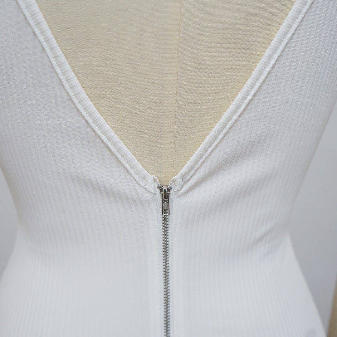 Sexy Solid Short Sleeve Back Slit Zip Sexy Maxi Dress