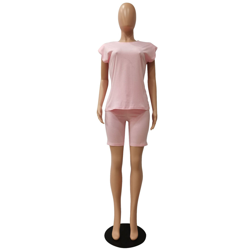 Sexy Solid Shoulder Pads Sleeveless 2 Piece Shorts Set