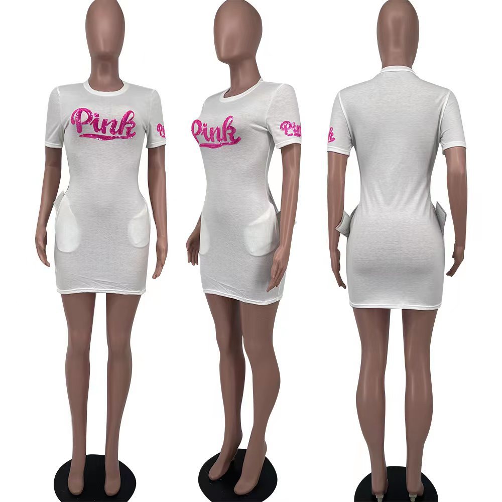 Sexy Sequin Pink Letter Print Short Sleeve Mini Dress