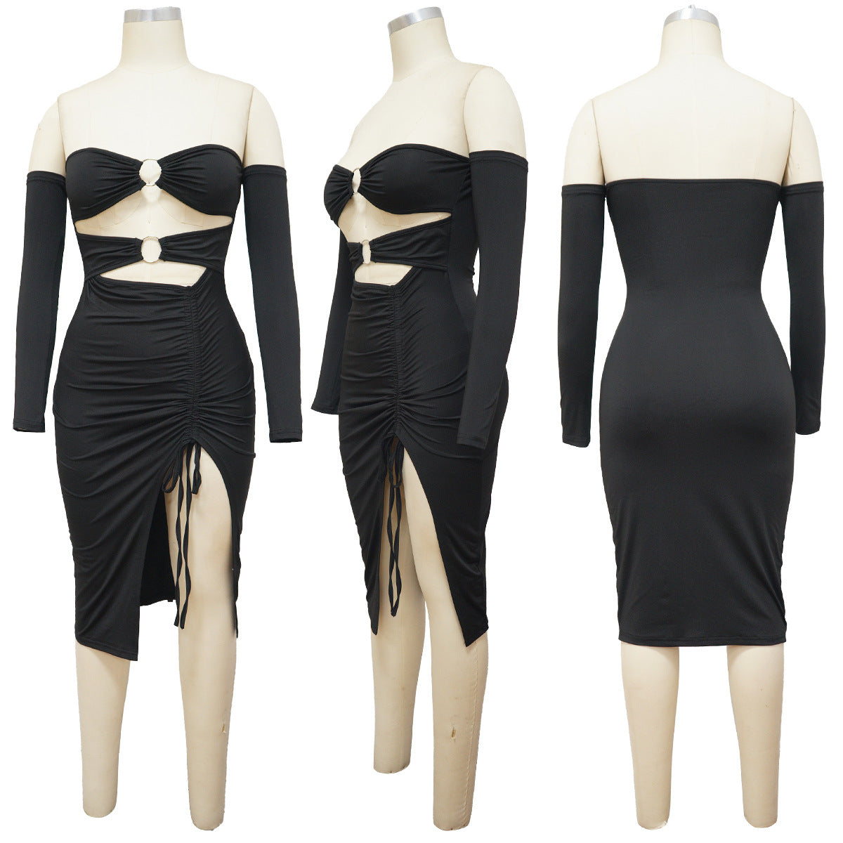 Sexy Solid Color Wrinkled Long Sleeve Off Shoulder Midi Dress
