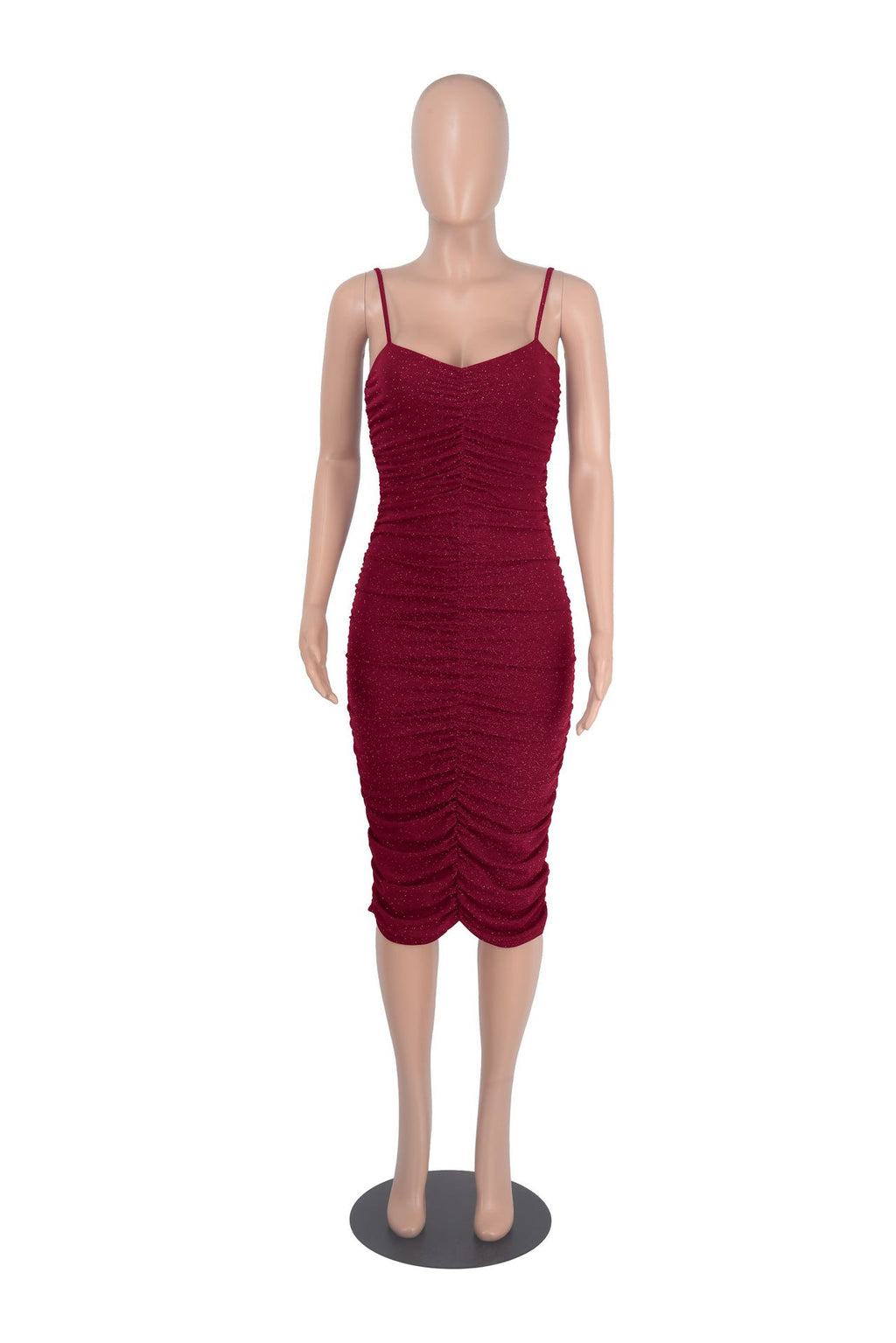Sexy Shiny Ruched Spaghetti Strap Slim Midi Dress