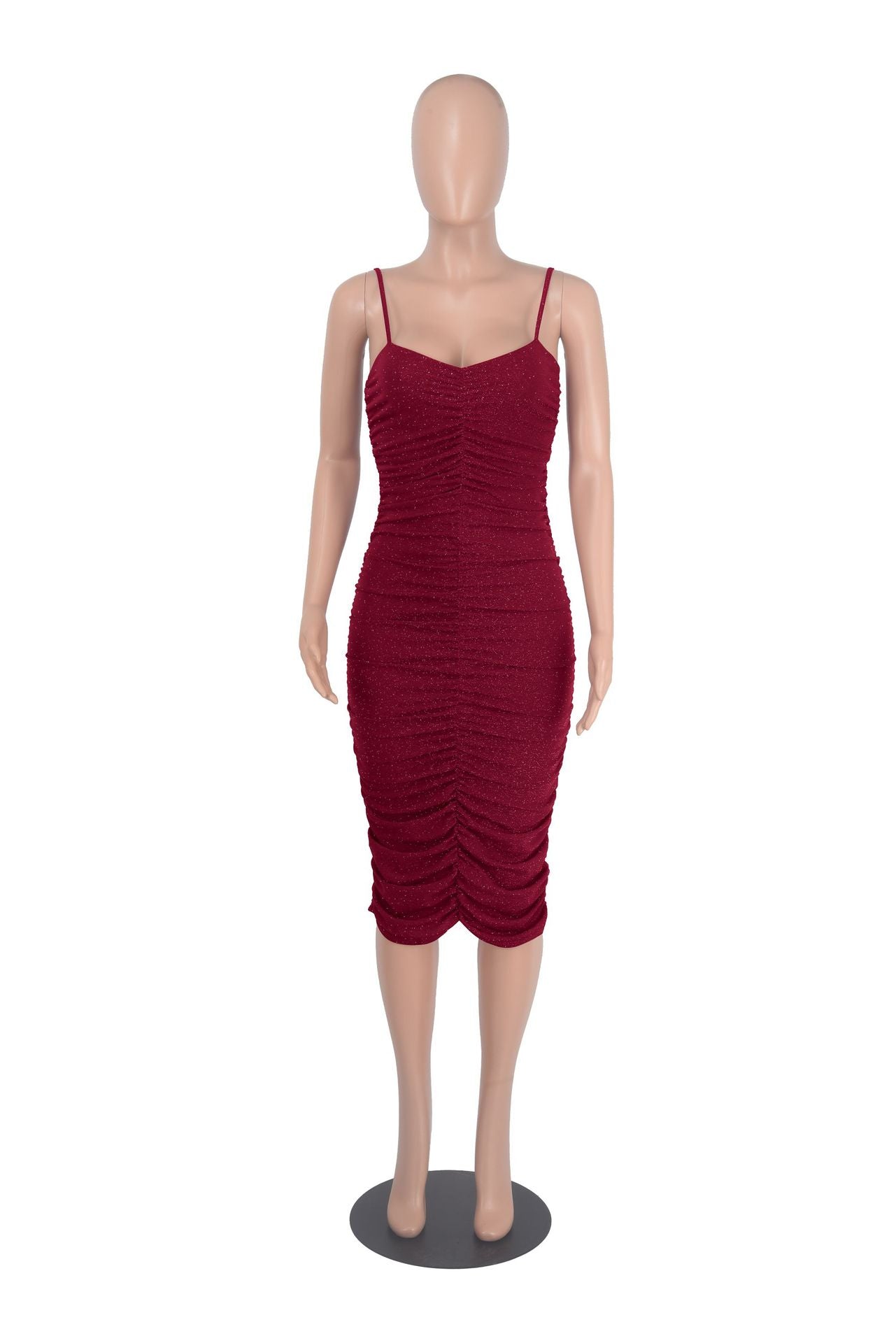 Sexy Shiny Ruched Spaghetti Strap Slim Midi Dress
