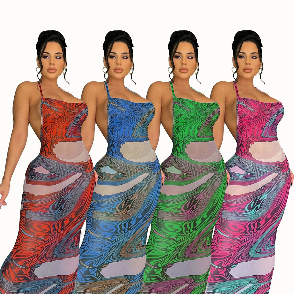 Sexy Sexy Printed Backless Mesh Sling Maxi Dress