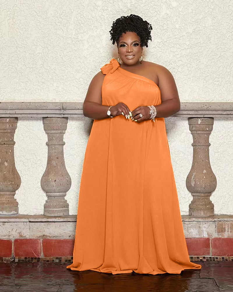 Sexy Plus Size Solid One Shoulder Sleeveless Loose Maxi Dress
