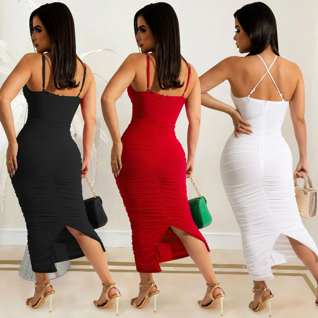 Sexy Solid Ruched V Neck Split Sling Maxi Dress