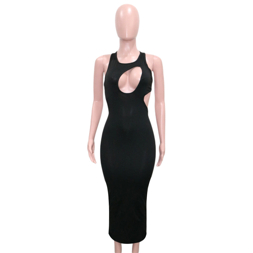 Sexy Solid Sleeveless Hollow Out Long Dress