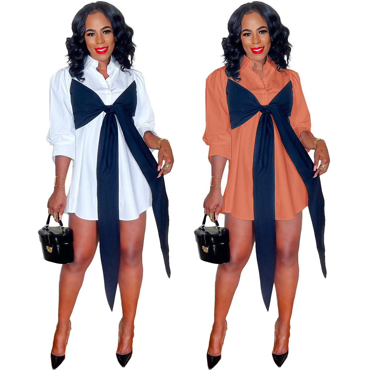 Sexy Casual 3/4 Sleeve Splice Lace-Up Shirt Dress