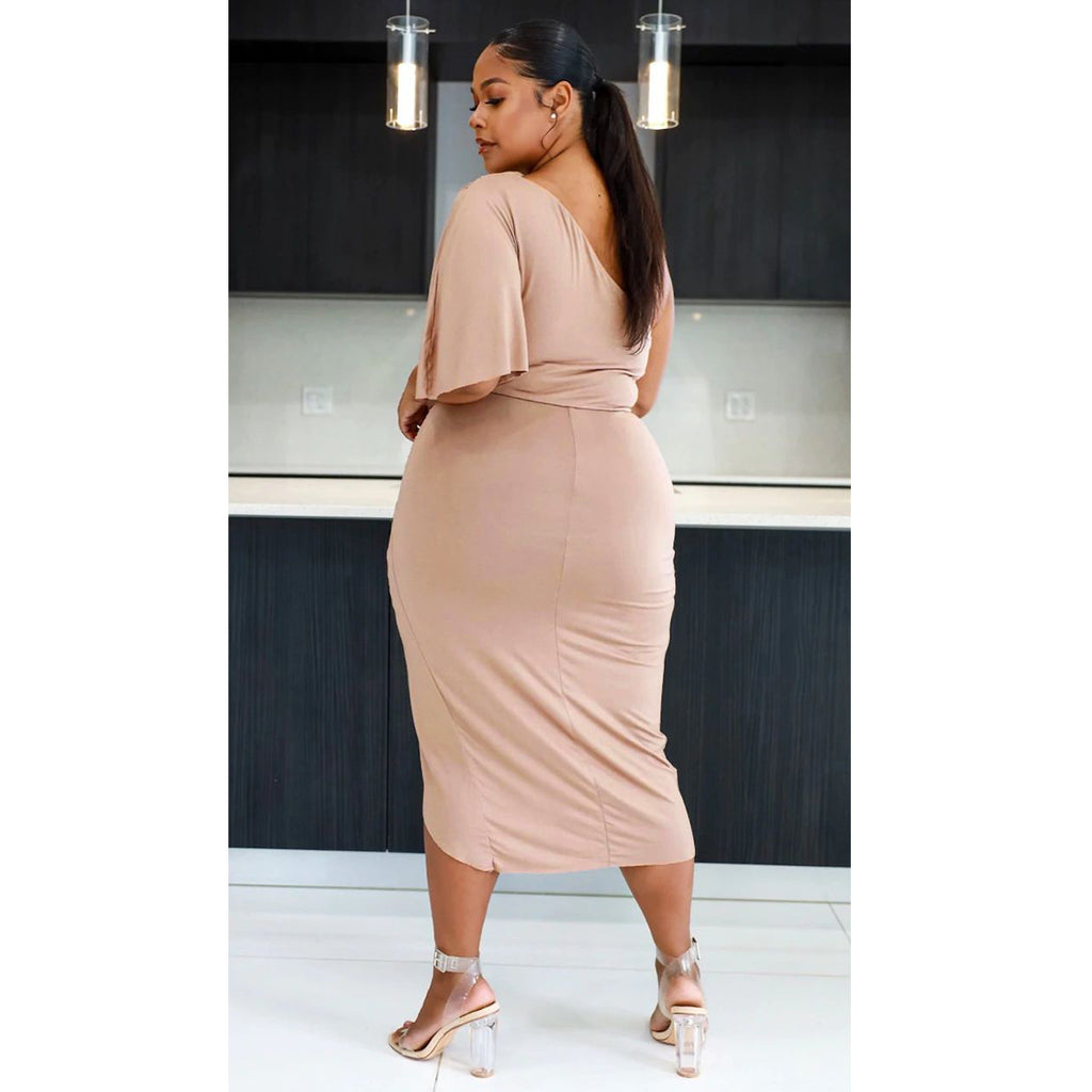 Sexy Plus Size Solid One Shoulder Irregular Midi Dress