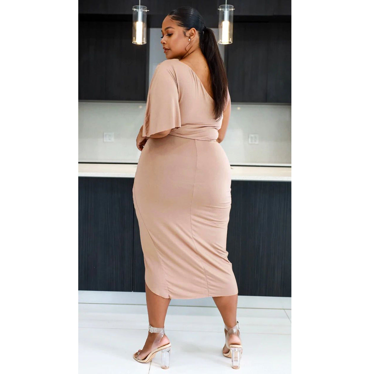 Sexy Plus Size Solid One Shoulder Irregular Midi Dress