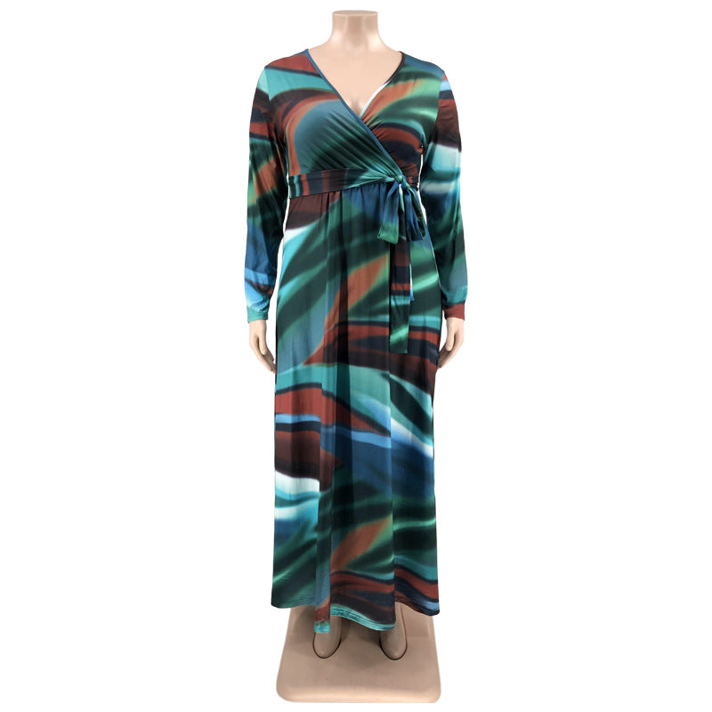 Sexy Plus Size Printed V Neck Long Sleeve Sashes Maxi Dress