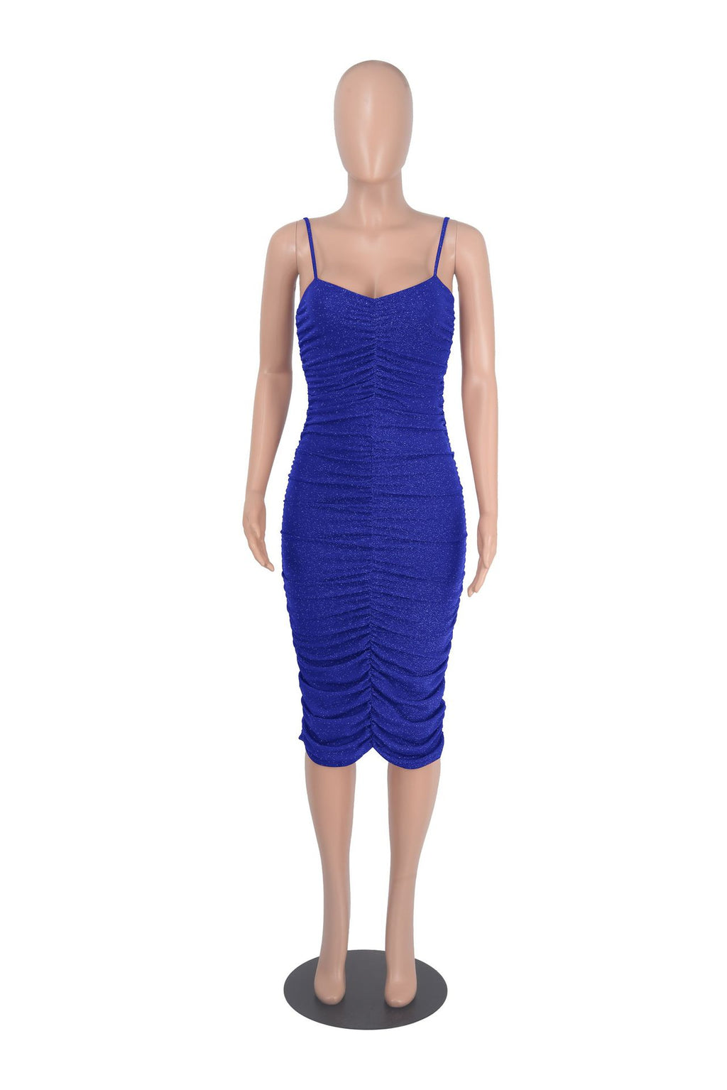 Sexy Shiny Ruched Spaghetti Strap Slim Midi Dress