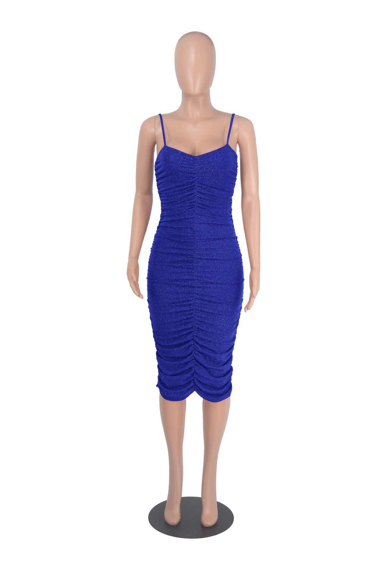 Sexy Shiny Ruched Spaghetti Strap Slim Midi Dress