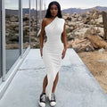 Sexy Solid Ribbed One Shoulder Split Maxi Dress