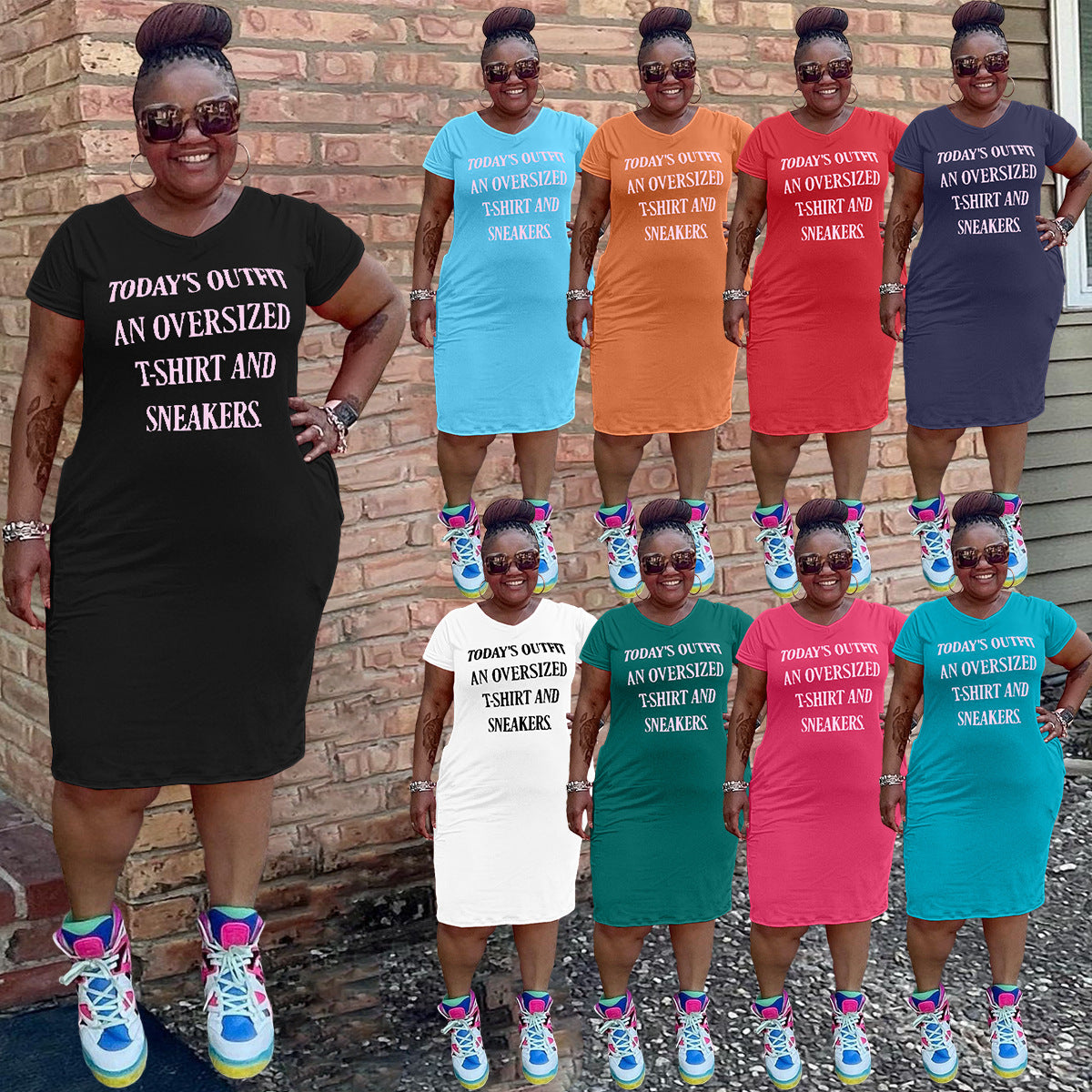 Sexy Plus Size Letter Print V Neck Short Sleeve T Shirt Dress