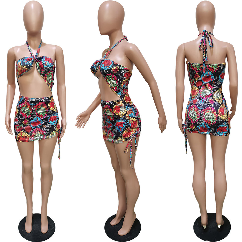 Sexy Sexy Printed Halter Hollow Out Mini Dress