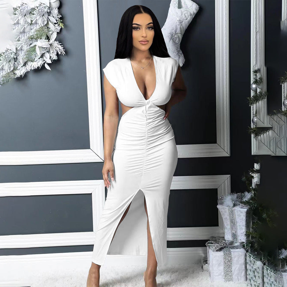 Sexy Solid V Neck Ruched Hollow Out Split Maxi Dress