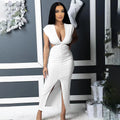 Sexy Solid V Neck Ruched Hollow Out Split Maxi Dress