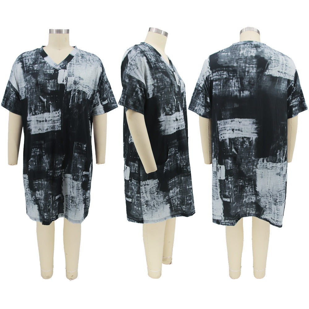 Sexy Plus Size Letter Print V Neck Loose Midi Dress