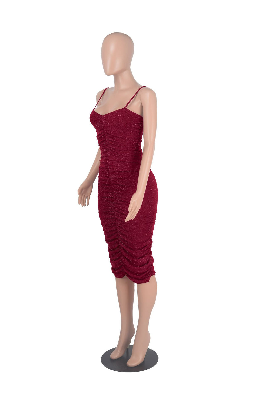 Sexy Shiny Ruched Spaghetti Strap Slim Midi Dress