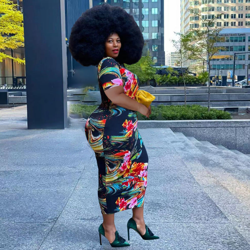 Sexy Plus Size Printed Short Sleeve Slim Maxi Dress